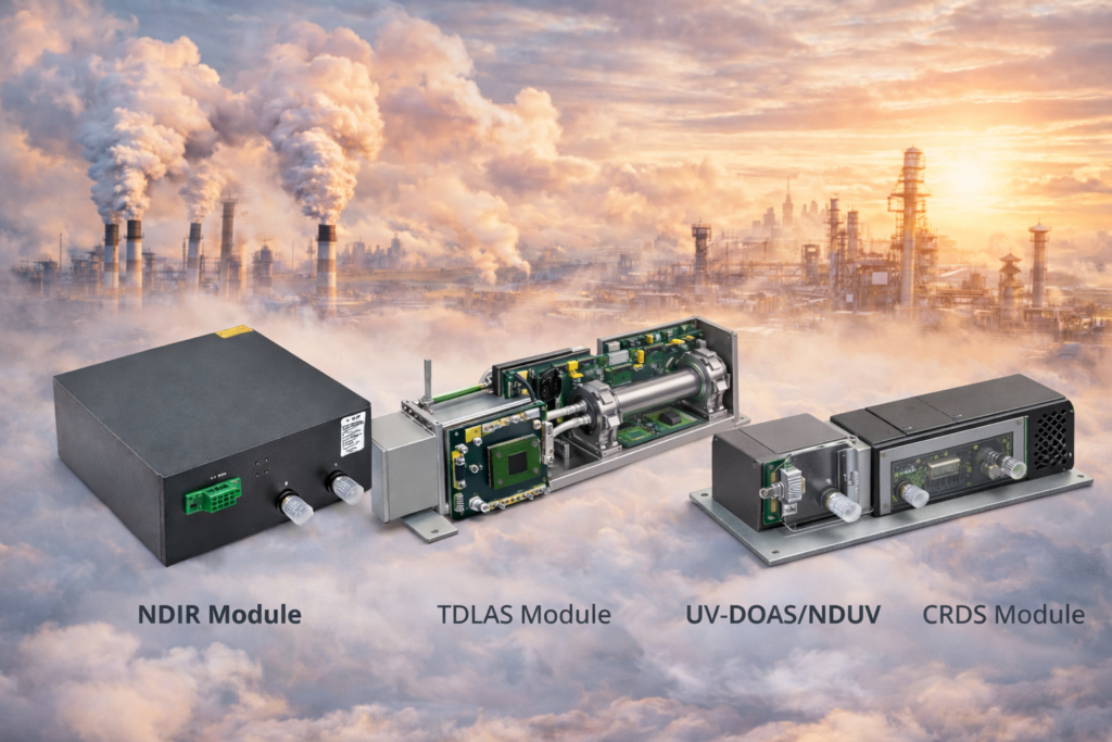 Gas detection modules comparison image with NDIR, TDLAS, UV-DOAS/NDUV, and CRDS modules for industrial applications, environmental monitoring, and emissions control.