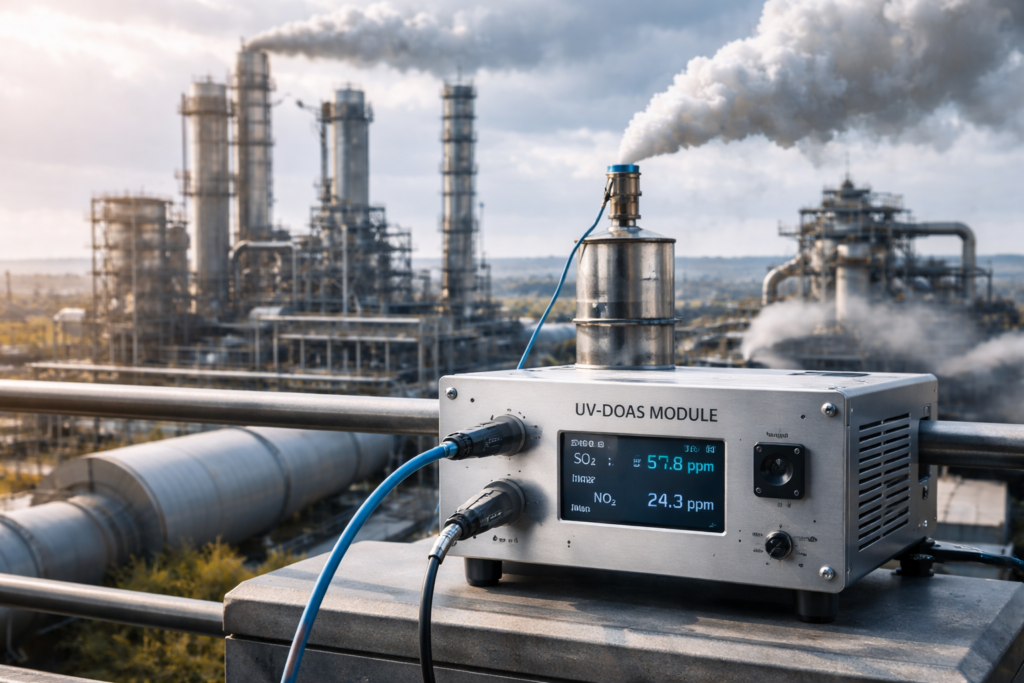 UV-DOAS/DOAS Modules in an industrial environment for high-precision gas detection and air quality monitoring in factory emissions.
