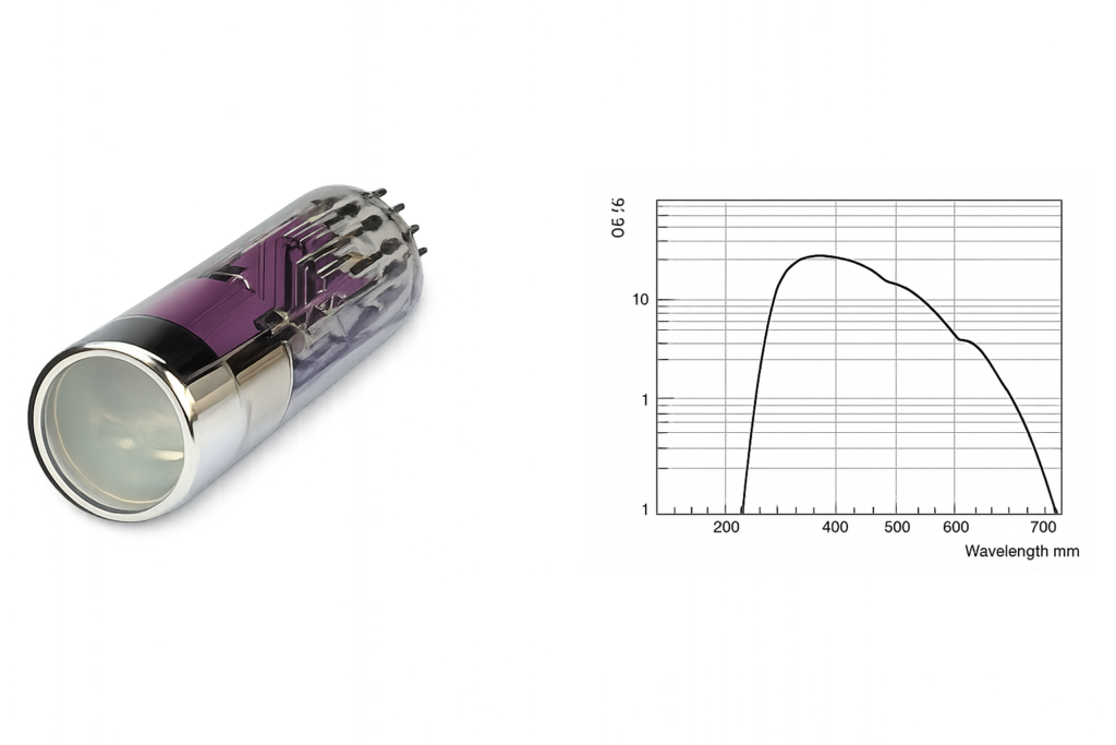 Photomultiplier Tube N2013 with spectral response chart showing the wavelength range and sensitivit