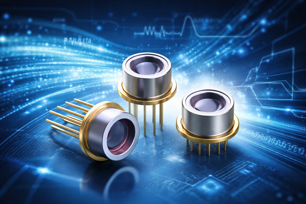 InGaAs photodiodes with metallic gold casing and purple lenses