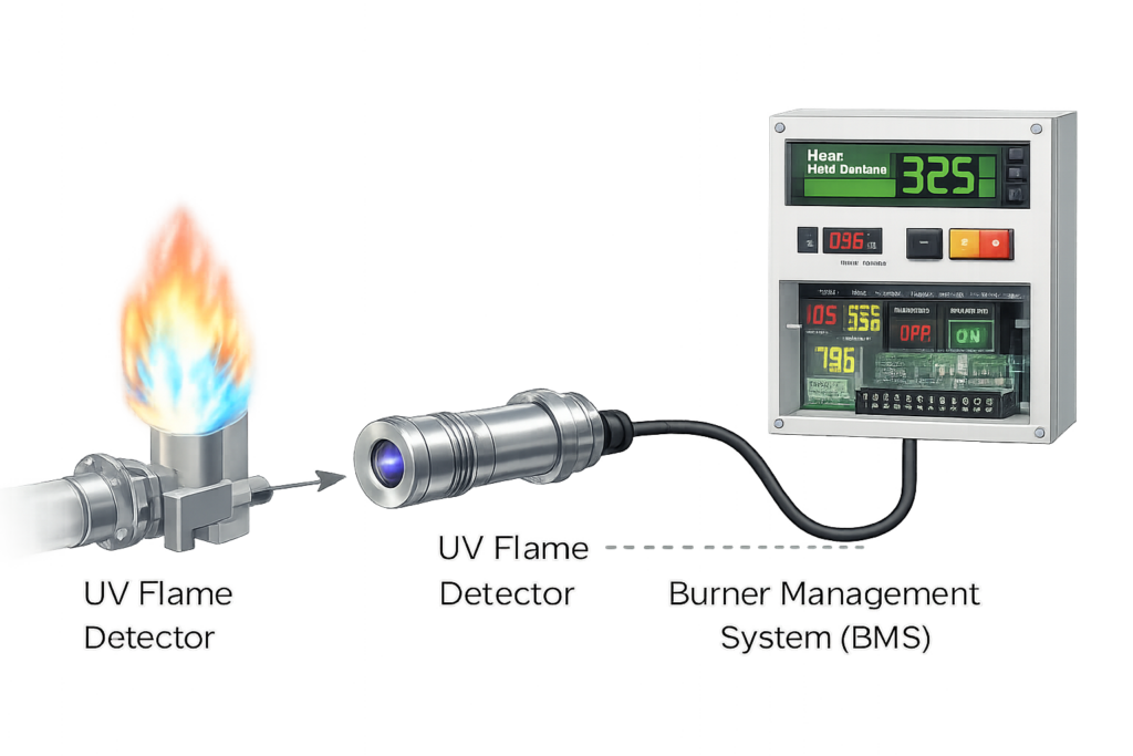UV flame detector monitoring system diagram with Burner Management System (BMS)