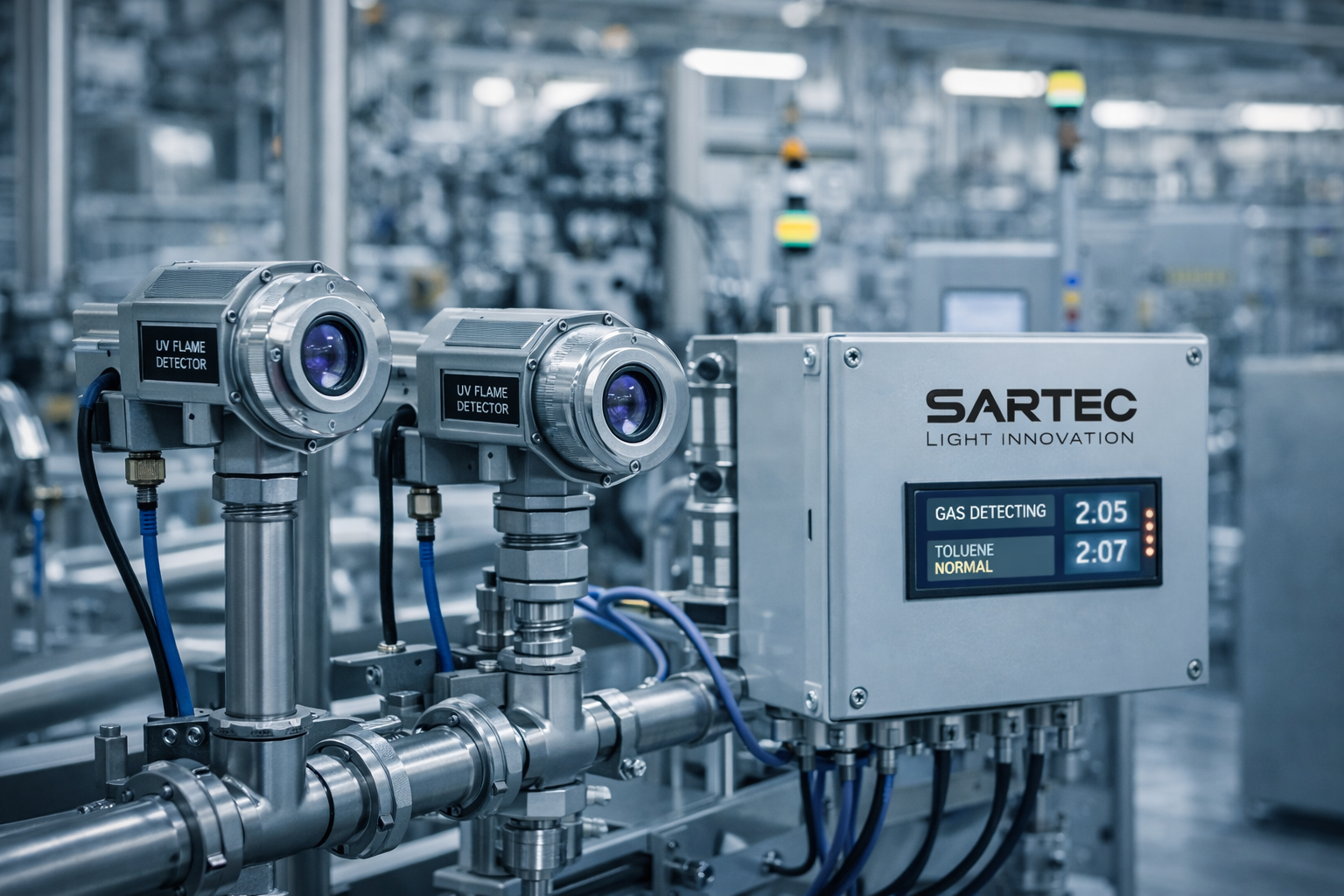Industrial UV flame detectors and gas detection module in a modern factory environment