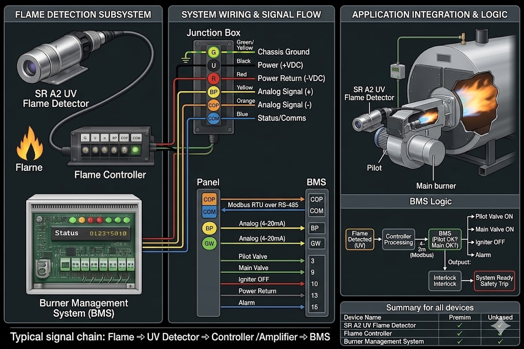 SR A2 UV flame detector connected to flame controller and burner management system