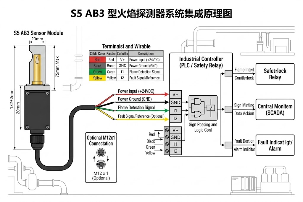 S5 AB3 UV flame detector dimensional drawing and wiring overview