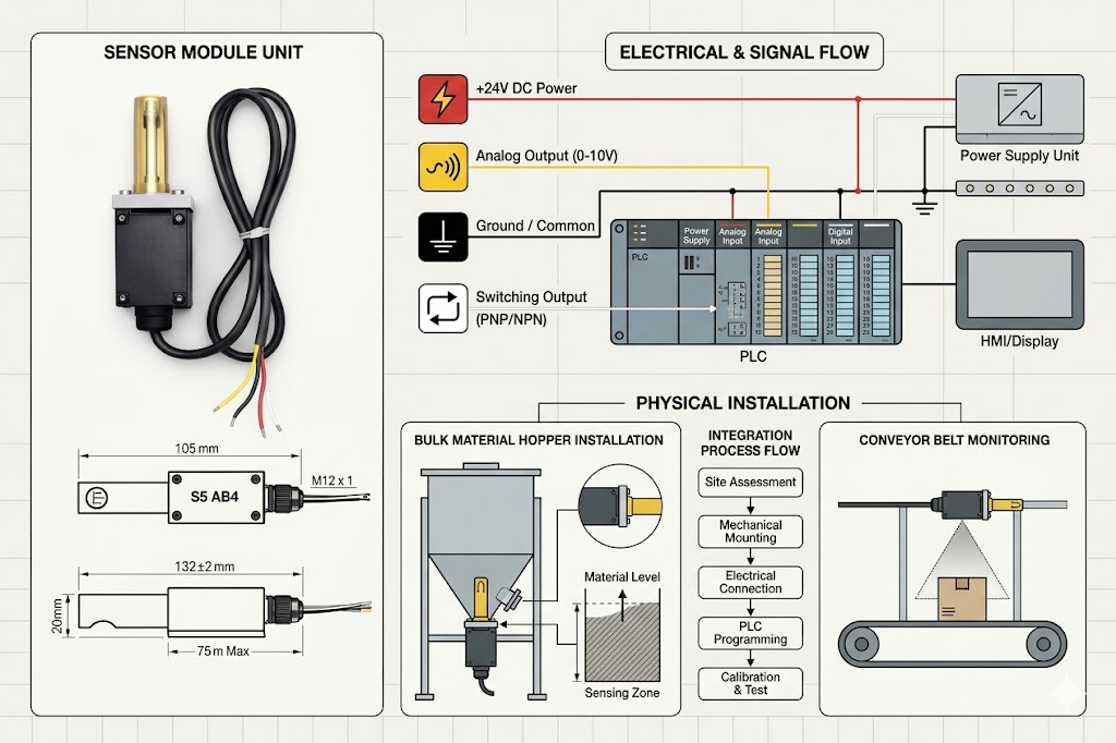 S5 AB4 UV flame detector dimensional drawing and wiring overview