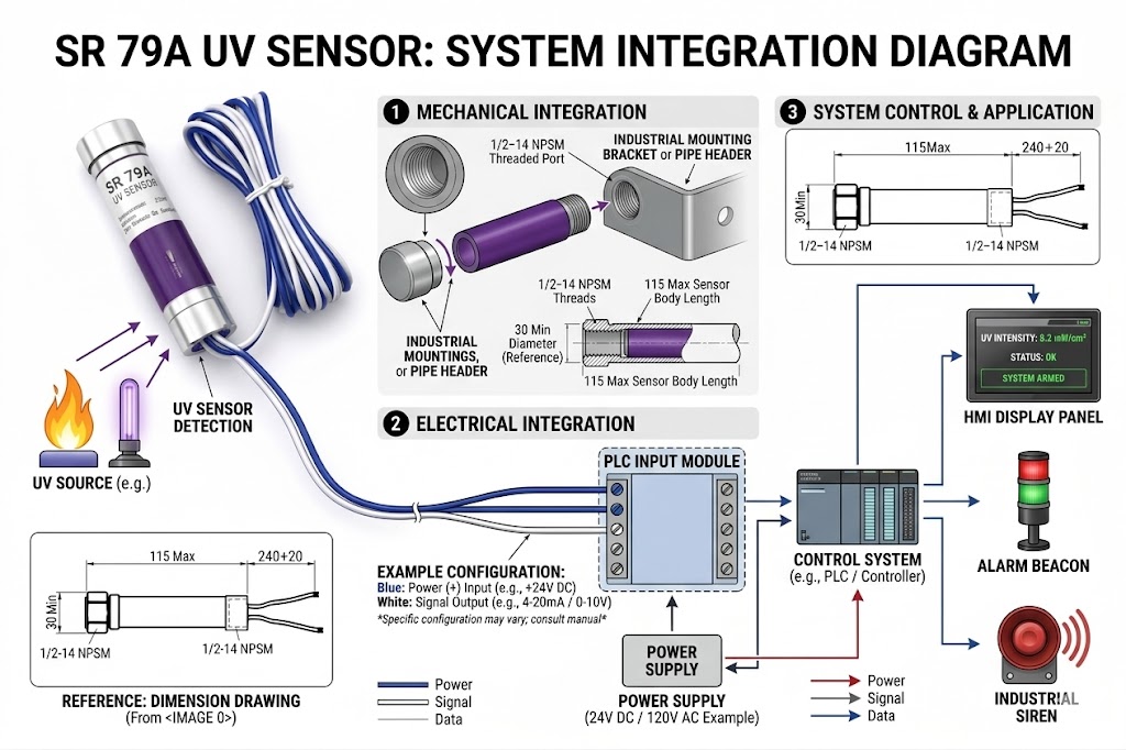SR 79A UV flame detector dimensional drawing and wiring overview