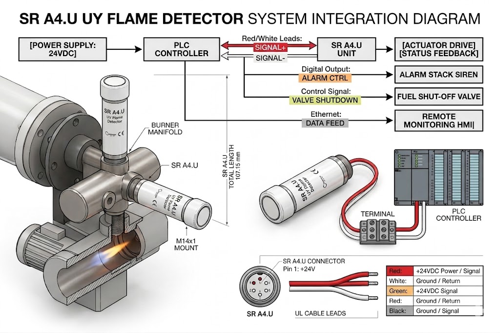 SR A4.U UV flame detector system overview and dimensional drawing