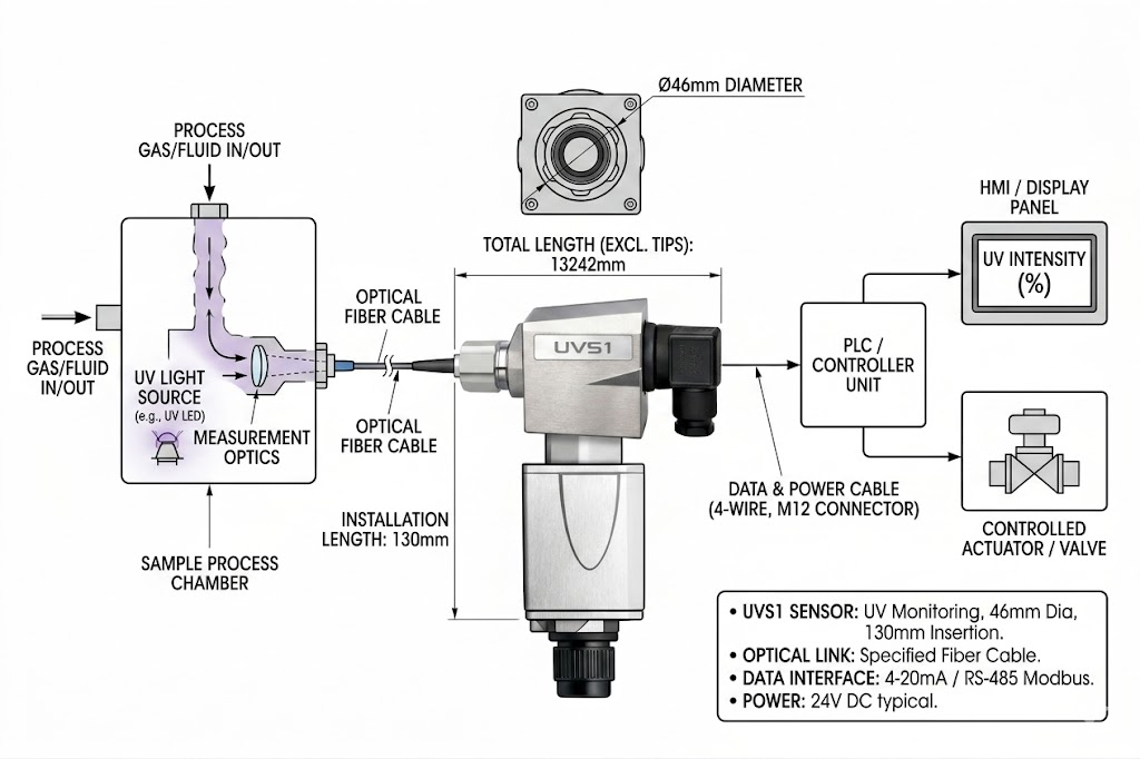 UV S1 UV flame detector system overview and dimensional drawing