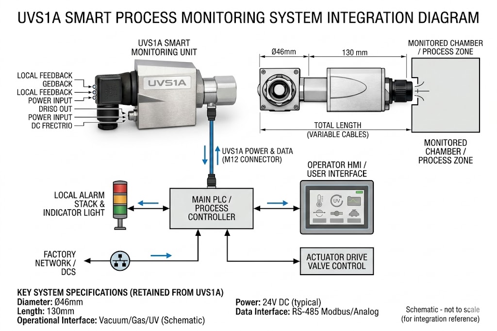 UV S1A UV flame detector system overview and dimensional drawing