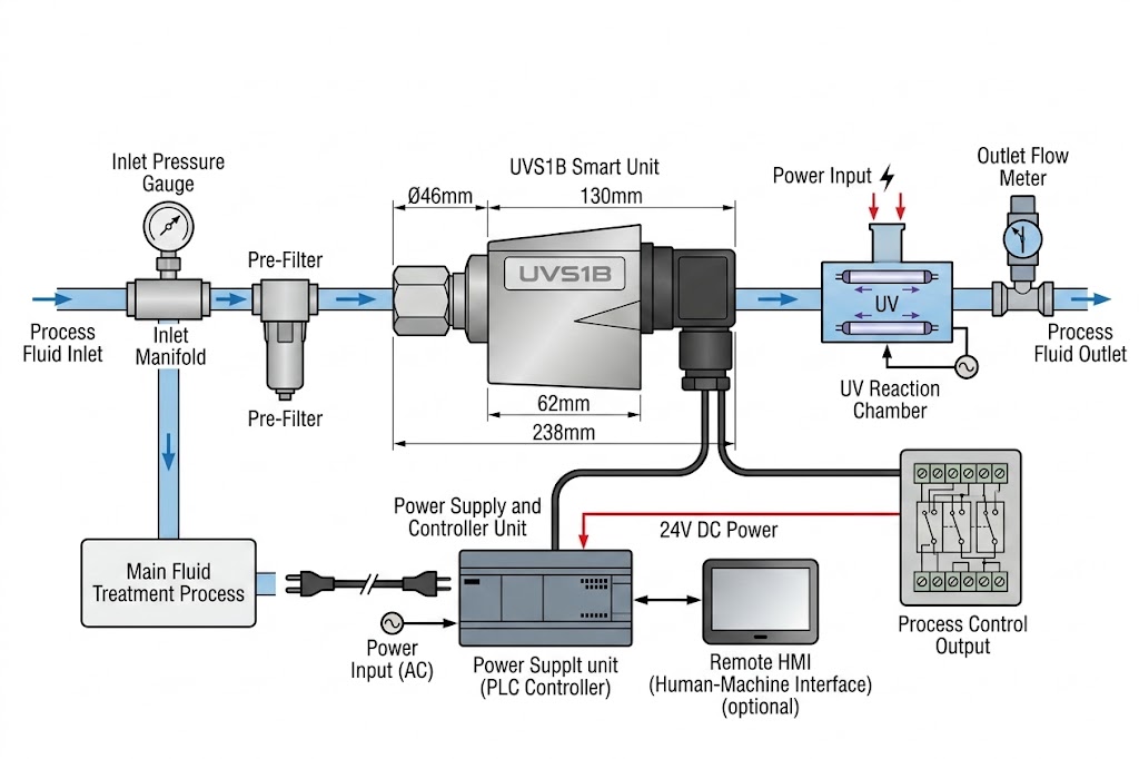 UV S1B UV flame detector system overview and dimensional drawing