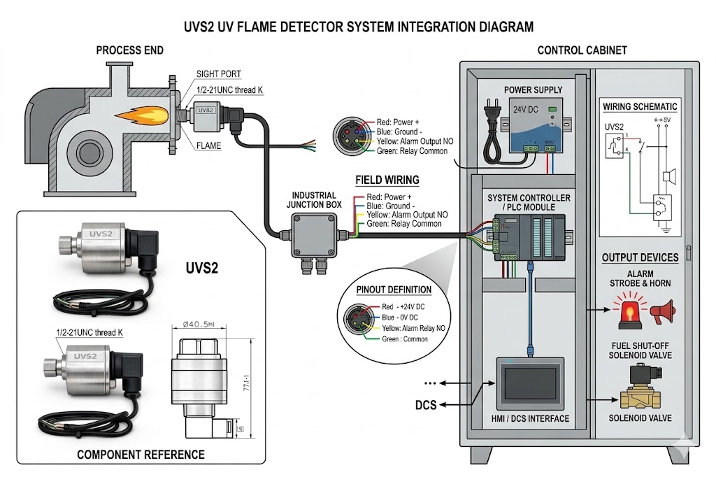 UVS2 UV flame detector system overview and dimensional drawing