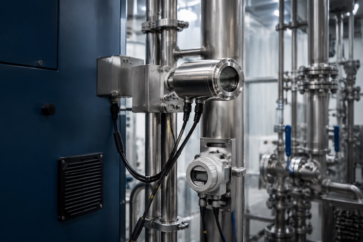 Industrial sensor installed in process piping for UV flame detection and gas sensing engineering review